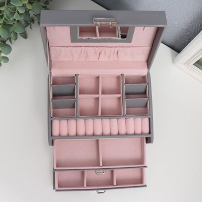 Шкатулка для украшений трёхъярусная кожзам "Серая матовая" (11 х 18 х 14 см)