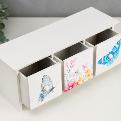 Шкатулка дерево 3 ящика "Бабочки и полевые цветы" на ножках, акварель 12,5х32,5х10 см