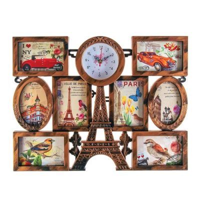 Часы настенные, серия: Фото, "Эйфелева башня", 8  фоторамок, под дерево, 55х42 см