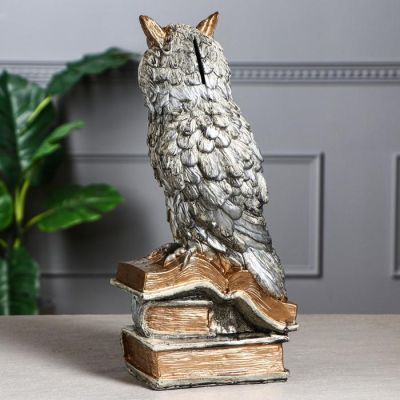 Копилка "Сова на книгах", серая, 38 см
