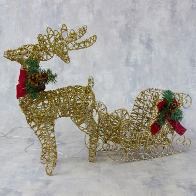 Светодиодная фигура «Олень с санями золотистый», олень: 65 × 45 × 10 см, сани: 40 × 25 × 10 см, металл, 220 В, свечение тёплое белое