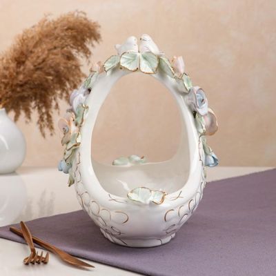 Конфетница "Корзинка", белая, цветная лепка, птички, 28 см, микс