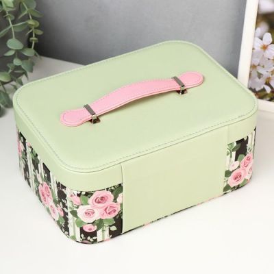 Шкатулка кожзам для украшений "Полоски и розы" зелёная с чёрным 10,5х25х18,5 см