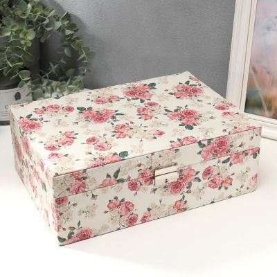 Шкатулка кожзам под часы 2 отделения и бижутерию "Чайные розы" 11х21х30 см