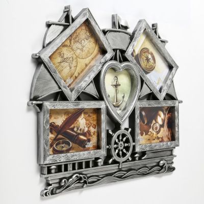 Фоторамка пластик на 5 фото 10х15, 12х12 см "Корабль" тёмное серебро 38х48 см