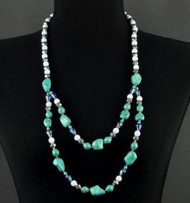 Бусы Кахолонг,  прес.Бирюза, хрусталь "Голубой нарцис" арт.ВАН-425