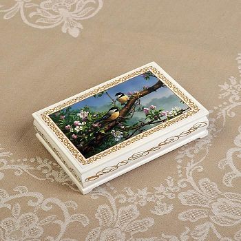 Шкатулка «Синички на ветке», белая, 11×16 см, лаковая миниатюра