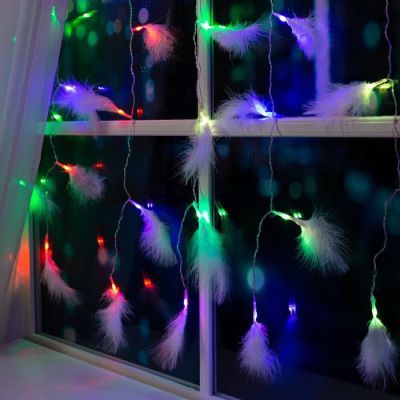 Гирлянда «Занавес» 3 × 1.4 м с насадками «Перья», IP20, прозрачная нить, 80 LED, свечение мульти, 8 режимов, 220 В