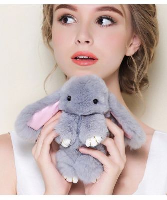 Зайка-брелок меховой голубой (17 х 10 см)