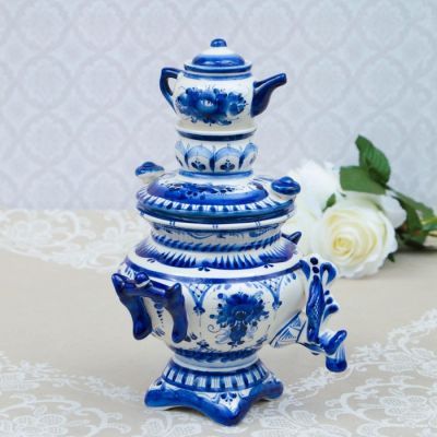 Сувенир "Самовар", большой, гжель, фарфор, 28х15 см