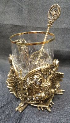 Подстаканник со стаканом и ложечкой "Герб" в подарочной коробке (латунь, хрусталь)