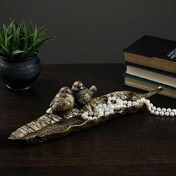 Подставка под мелочи "Лист с птичками" золото 41х11х9см